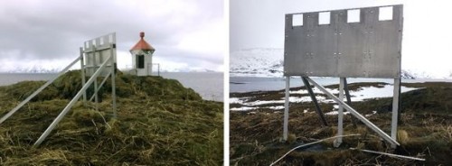!Frekke tjuver har stjlet solcellepanelet p fyrlykta Karken p Srya i Finnmark. Bare opphenget str igjen. (Foto: Kystverket) 
