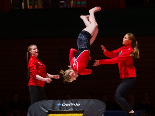 !Aktive trenere sammen med gymnaster i idrettshallen tirsdag kveld. (Foto: Erik Lingjrde)