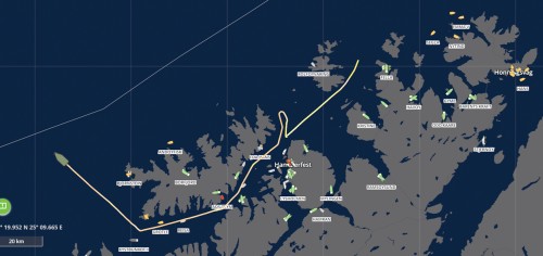 !Her ser vi seilingensruta til KNM Maud. Skjermdump Kystverkets AIS klokken 20:02 sndag 7. september 2025.